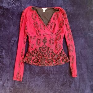 Y2K Susan Lawrence Dark Damask‎ Red Burnout Babydoll Top PM Whimsigoth Fairy